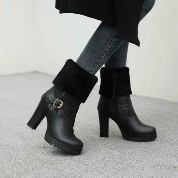 

Women Fashion Snow Non-slip Fur Top Buckle Block Heel Winter Punk Ankle Boots