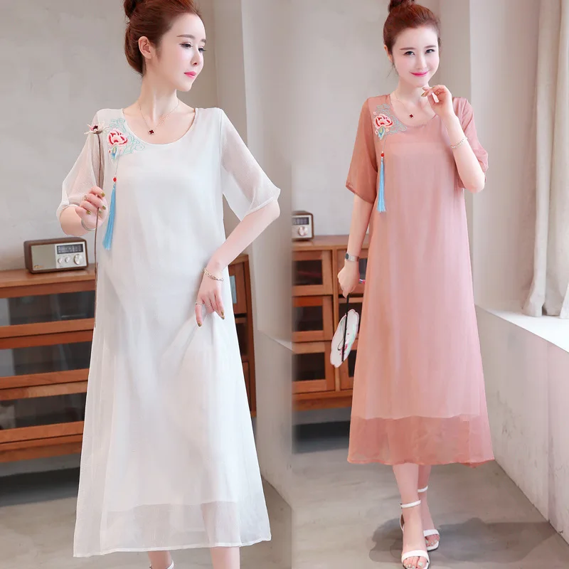 

2019 Summer Chinese-style Cotton Linen Dress Mid-length Literature And Art Embroidery Ethnic-Style Large Size Loose-Fit Slimming