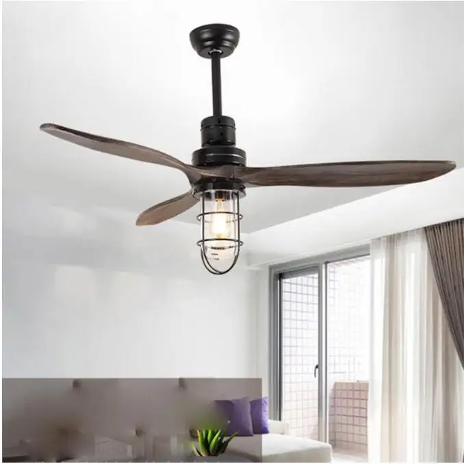 Loft Iron Wood Glass Ceiling Fan E27 Lamp 220V Wooden Fans With Lights 52 Inch Blades Cooling Remote | Лампы и освещение
