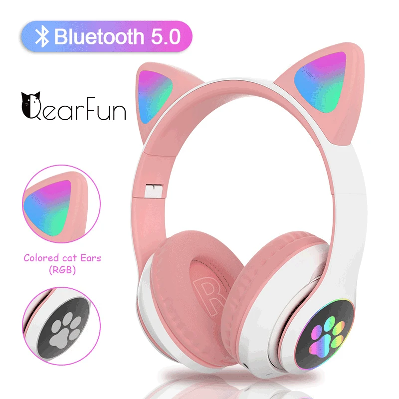 Auriculares inalámbricos con Bluetooth y micrófono para chica, cascos con orejas de gato, luz Flash, Decoración LED, estéreo, música, teléfono, regalo