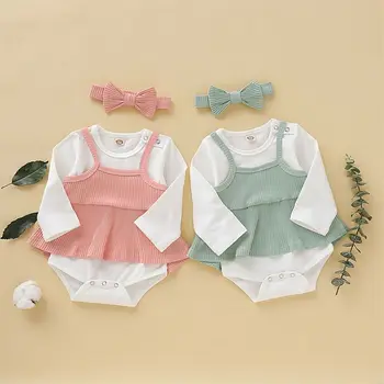 

3PCS Newborn Baby Girl Clothing White Romper Long Sleeve Infant Baby Sunsuit Playsuit Outfit Set Headband Vest 2019