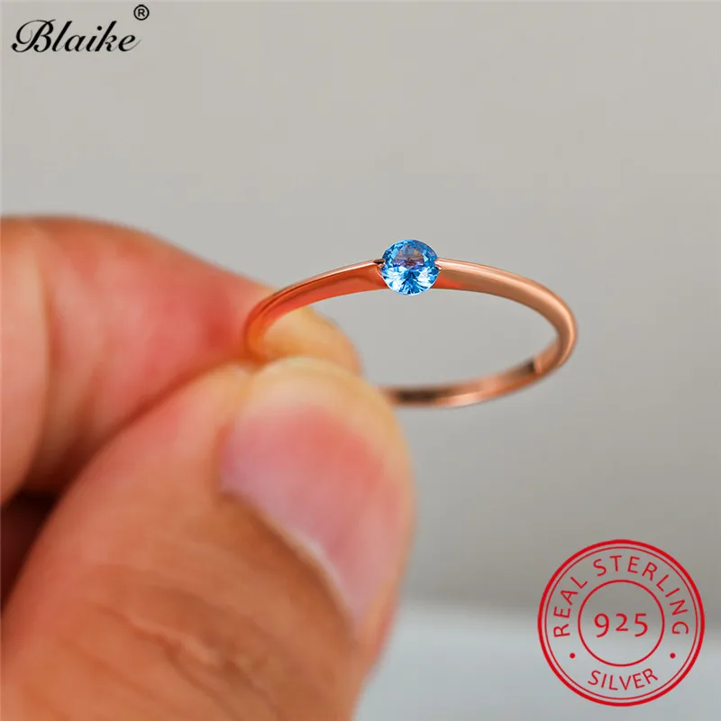 Минималистичное кольцо из стерлингового серебра s925 пробы с камнем, голубой, красный, черный циркон, тонкие кольца для женщин, обручальные кольца, кольцо из розового золота, ювелирные изделия