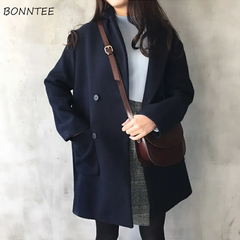 

Wool Blends Women Solid Double Breasted Long Pockets Soft Loose All-match Ulzzang High Quality Elegant Womens Clothing Chic New