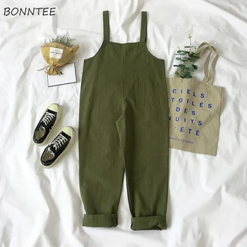 

Jumpsuits Women Students Retro Loose High Pockets Solid Buttons Womens Trendy Korean Style All-match Girls Leisure Long Jumpsuit