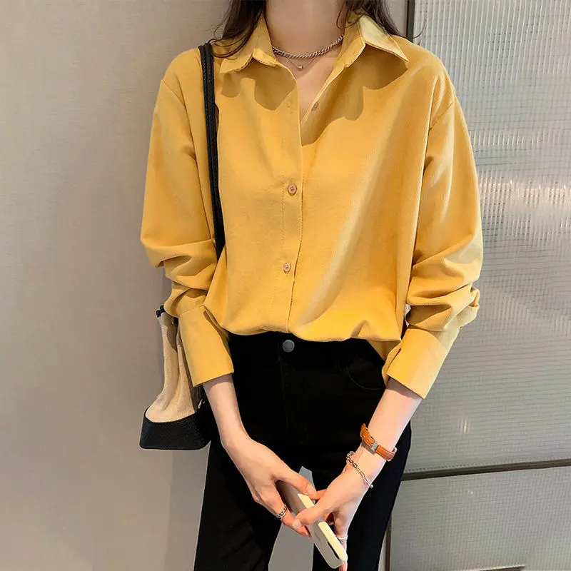 2021 Summer New Solid Color Women's Long Sleeve Shirt Korean Fashion Retro Small Body Commuter Casual Lady Blouses B076