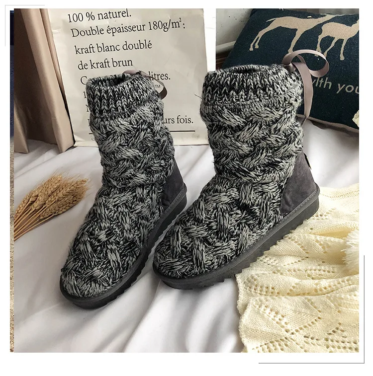 Winter2019Round-headed зимние сапоги; женские вязаные шерстяные сапоги средней длины с бархатной подошвой; нескользящая теплая хлопковая обувь