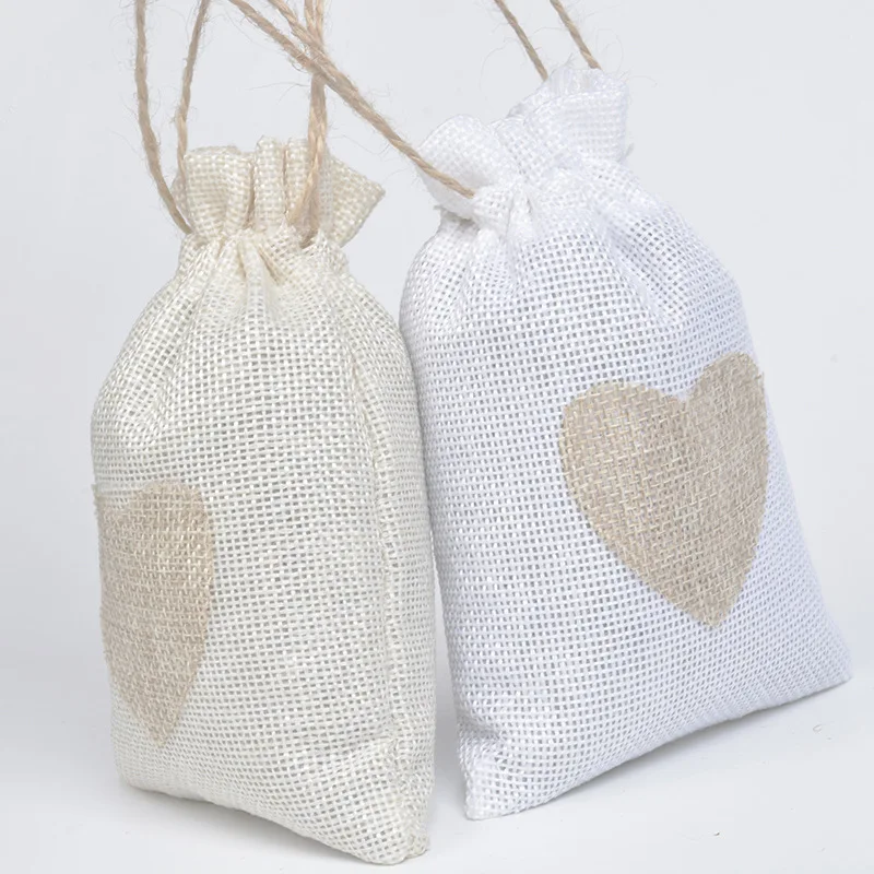 20pcs/lot 10x14cm Heart Shape Favor Bag White/Beige Linen Drawstring Jewelry Gift Packaging Bags Valentine Wedding Party Pouches