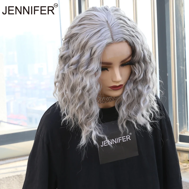 Sintéticas para Mulheres Resistente ao Calor Perucas Laço Curto Ondulado Cabelo Roxo - Cinza Preto Amarelo 4 Cores Cosplay Diário Bob 6 Apliques e perucas