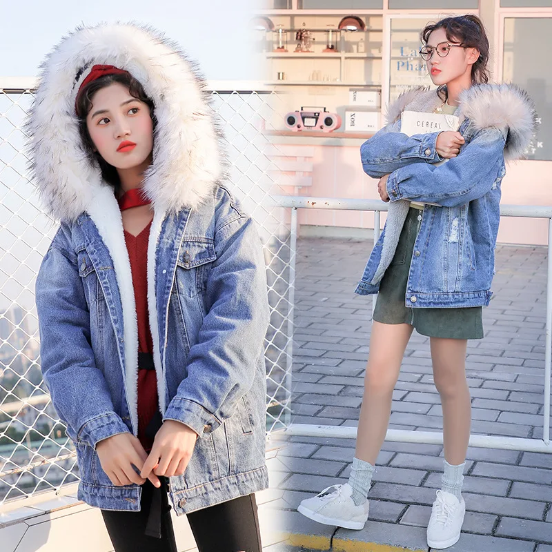 

Photo Shoot Cotton-padded Clothes Women's 2019 Winter Korean-style New Style BF Loose Thick plus Velvet Lambs Wool Jeans Coat Co