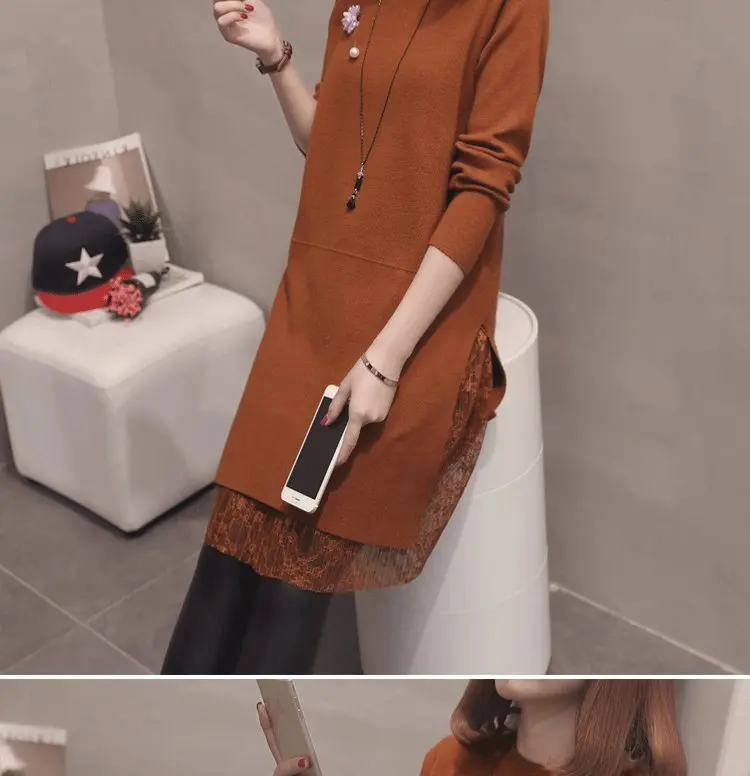 Fashion lace pleated dress top autumn new dress women's long sleeve straight cute split dress