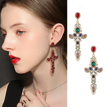 

Match-Right 2020 New Vintage Crystal Cross Drop Earrings for Women Baroque Bohemian Large Long Earrings Jewelry Brincos SP1004
