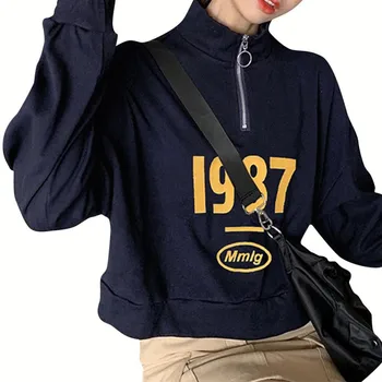 

Women Sweatshirts Short High Collar Zipper Tops Number Print Thin Section Clothes Women New Spring Autumn