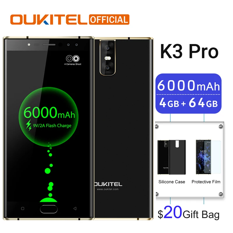 

Oukitel K3 Pro Mobile Phone MT6763 Octa Core 4GB 64GB 5.5"Dual 2.5D Screen 6000mAh 4 Cameras 13MP+2MP 9V/2A Face ID Smartphone