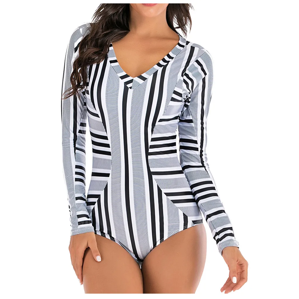 Sexy Casual Striped Diving Surfing Suit Set V Neck One Piece Swimsuit Summer Holiday Beach Swimwear Women Traje De Baño Mujer | Спорт и