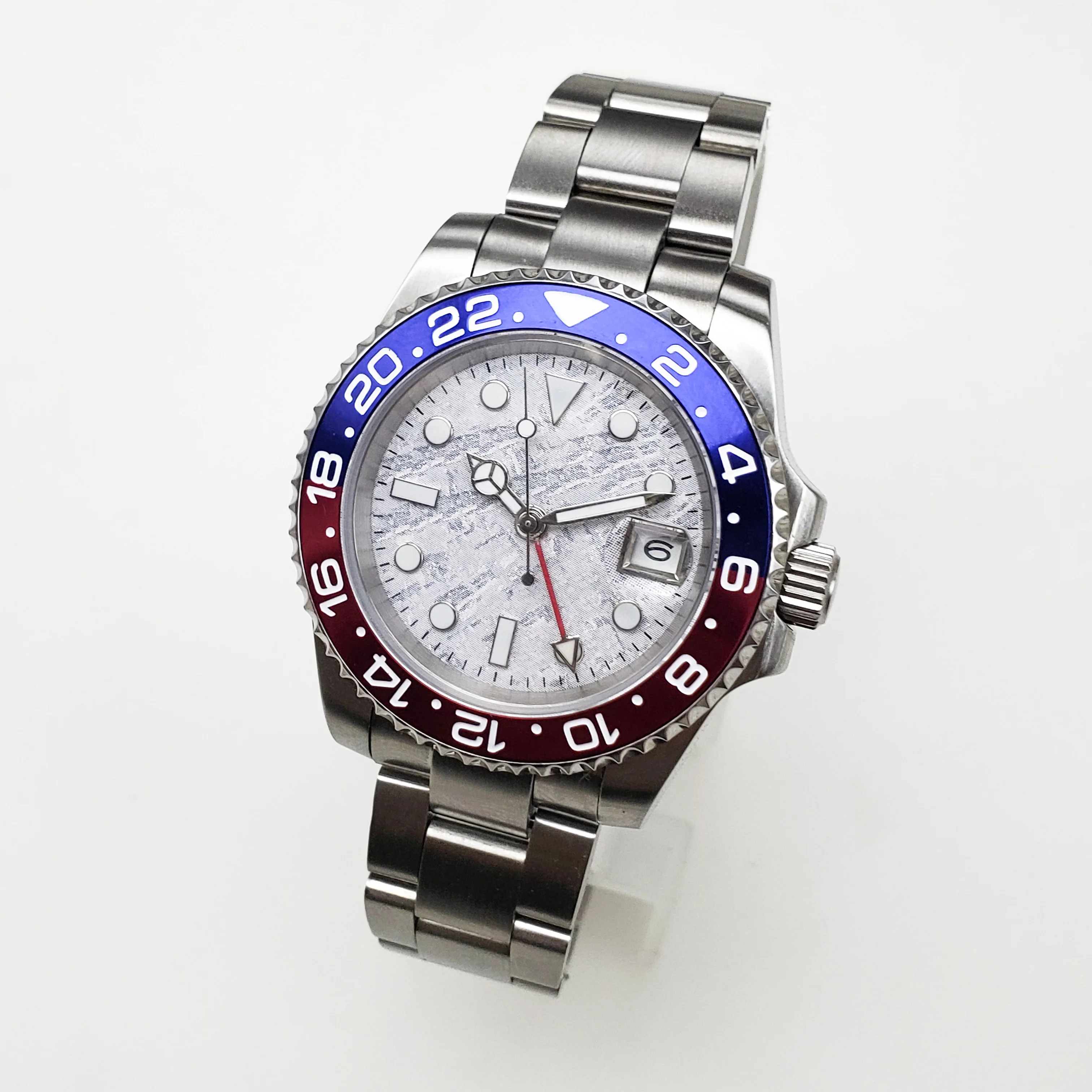 

automatic GMT mens wristwatch 40mm Meteorite dial luminous Rotating bezel steel bracelet silver case D1