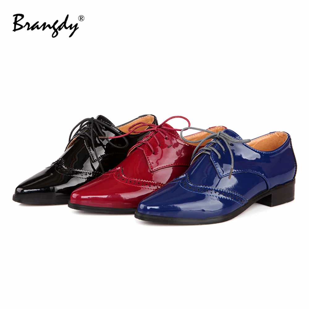 Brangdy Fashion Women Oxford Shoes Patent Leather Spring Autumn Women Brogue Shoes Pointed Toe Women Flats Lace Up Size34-43