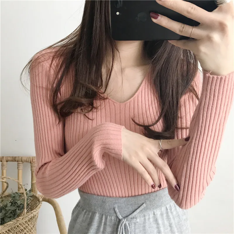 Jumper Winter V-neck Korean Sweaters Women pullovers Autumn 2019 knit Solid color Slim long-sleeved wool-blend sweaters female
