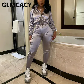 

Women Metallic Two Piece Tracksuit Long Sleeve Zipper Coat Top and Jogger Pants Set