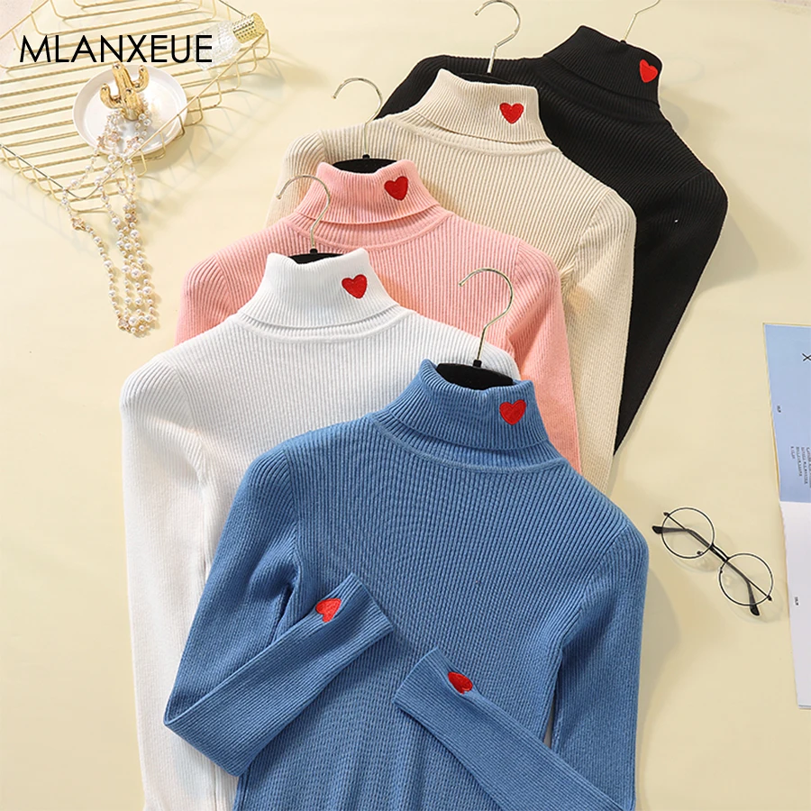 Autumn Winter Love Embroidery Pullover Sweaters Women Solid Warm Turtleneck Knitted Sweater Female Korean Long Sleeve Base Top