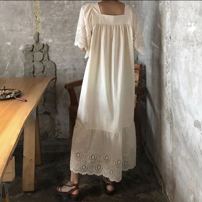 Embroidery Straight Dress Women Hollow Out Cotton Vintage Summer Long Maxi Dress Plus Size Loose Square Neck Flare Sleeve Dress