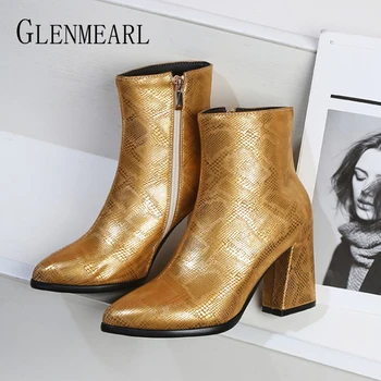 

Women Boots Serpentine Sexy Winter Shoes Ankle Thick Heels Lady Boots Side Zipper Point Toe Comfortable PU Lather Shoes Size 43