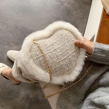 

Sweet Lady Plush Heart-shaped Crossbody bag 2019 Winter New Quality Woolen Women's Designer Handbag Chain Shoulder Messenger Bag