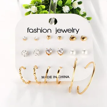 

European and American rock exaggerated metal ear hoop 9-piece earring set crystal earrings