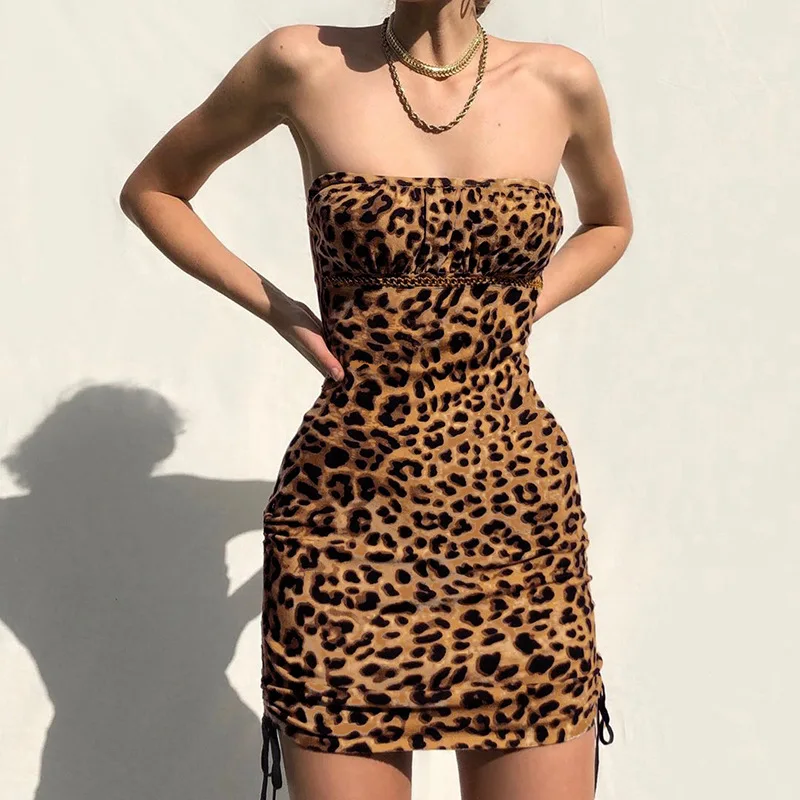 2020 Europe America Hot Sale New Women Clothes Sexy Strapless Backless Draped Leopard Print Metal Chain Sheath Mini Summer Dress | Женская