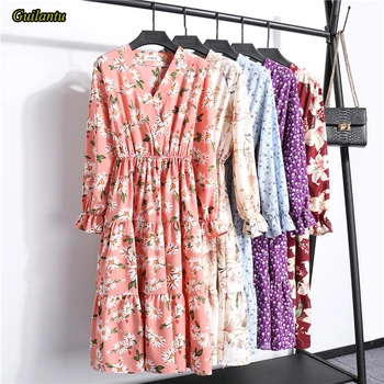 

Guilantu Spring Summer Print Floral Vintage Dress Women V Neck Long Sleeve A-line Midi Dress Elegant Evening Party Club Dresses