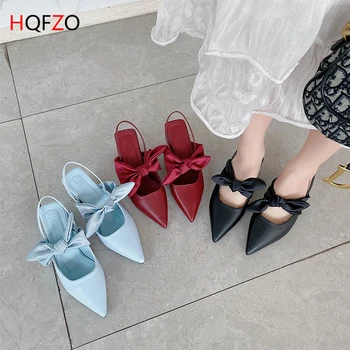

HQFZO Elegant Slip On Bowknot Pointed Toe Square Heels Pumps Single Shoes Sandals Women Summer Shoes 2020