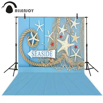 

Allenjoy photographic background summer seaside starfish shells rope fishing net blue wooden backdrop child photophone photocall