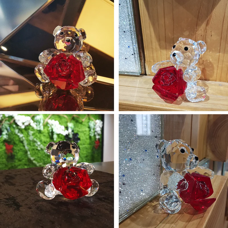 H& D Хрустальная Фигурка медведь с Красный Кристалл розовый цветок Домашнее Искусство Декор пресс-папье, сувенир коллекция подарок для свадьбы, Валентина