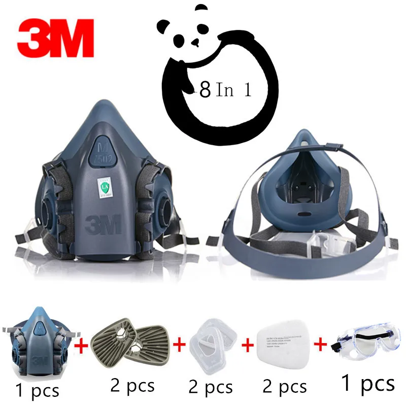 

8 in 1 3M 7502 Gas Mask Respirator Work Protective Painting Anti Dust Powder Industrial Use Silicone Mask Safety Goggles