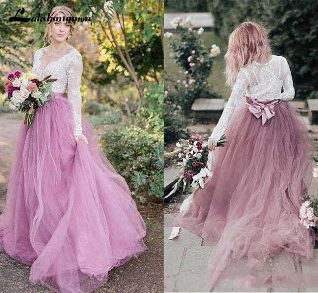 

2019 Boho Long Sleeve Wedding Dresses V Neck Pink Soft Tulle A Line Rustic Style Wedding Dresses Bridal Gowns Cheap Custom Made