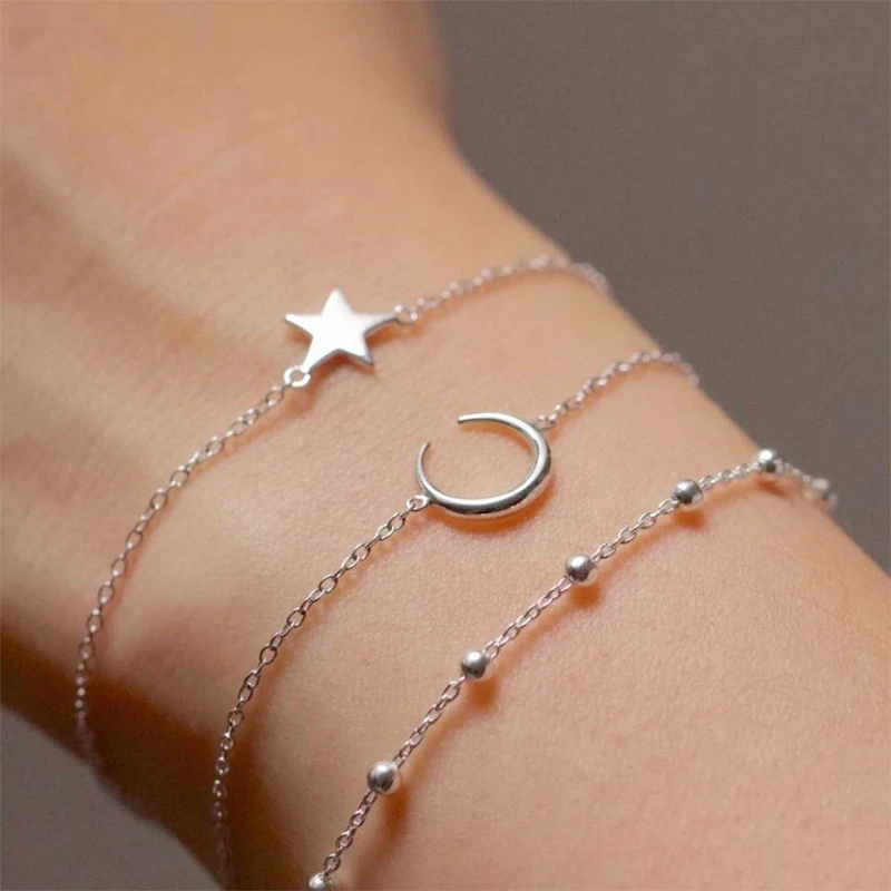 Bracelet-Set Jewelry Charming Moon-Bead Wedding Silver-Color Girl Womens Gift Metal
