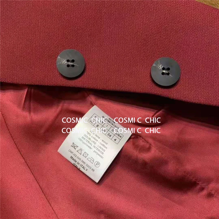 Cosmicchic Women Solid Wool Blazer Runway Design Long Sleeve Pocket Lady Jacket Single Breasted Red Chic Blazer Office Wear