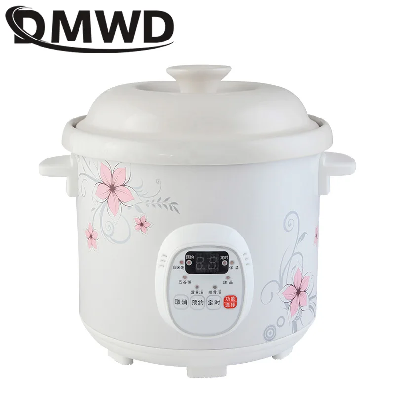 DMWD Electric Slow Cooker 1.5L Mini Health Pot Stew Soup Porridge Time Control Ceramic Baby Food Cooking Machine Meal Steamer 2
