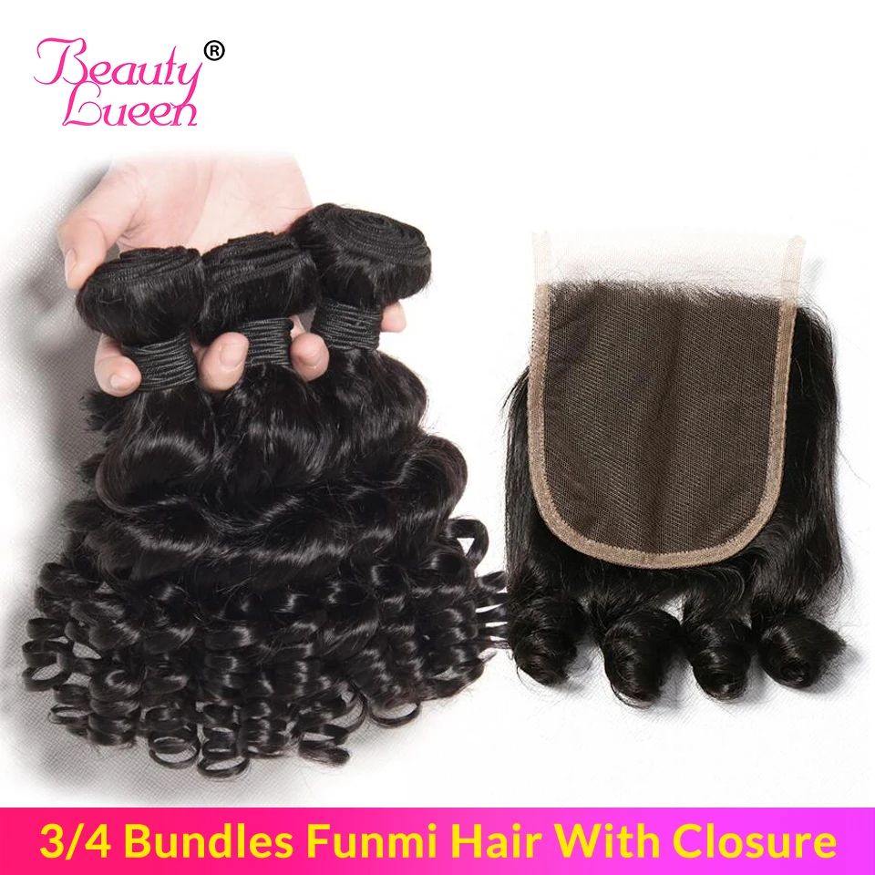 Bouncy Curly Weave Human Hair 3 Bundles With Closure Free Middle Brazilian Funmi Non Remy Weft | Шиньоны и парики
