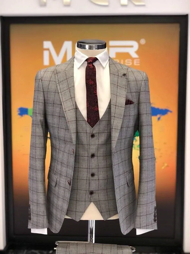 Men's Suits Plaid Wedding Tuxedos Formal Best Man Suit Groom Wear Tuxedos Made 3-Piece Suits (Jacket+Vest+Pants)