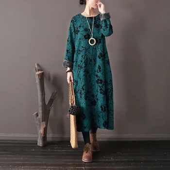 

NINI WONDERLAND Winter Velvet Thicken Warm Dresses 2019 Women Jacquard Flower Classic Dress Female Cotton Vintage Robe Dress