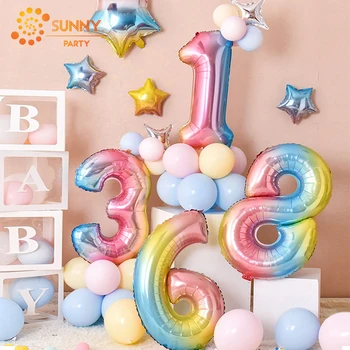 

32inch Gradient Digital Balloon Column DIY Number Foil Balloon Macaron Latex Balloons Set Birthday Anniversary Party Decoration