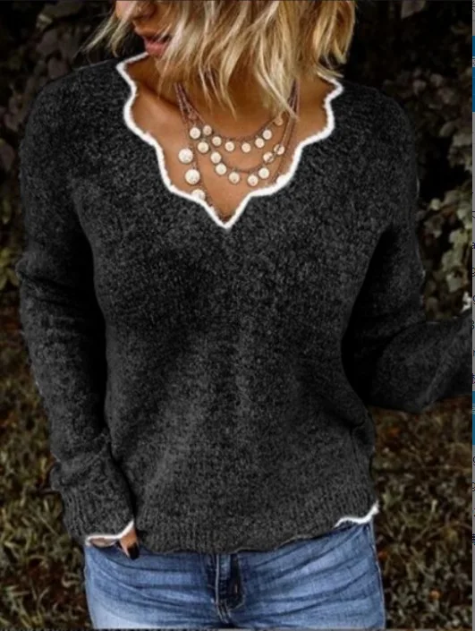 Модный свитер женский повседневный элегантный Sueter Mujer джемпер женский топ Femme Pull Femme Tricot пуловер с вырезом в виде буквы V Harajuku одежда - Цвет: black