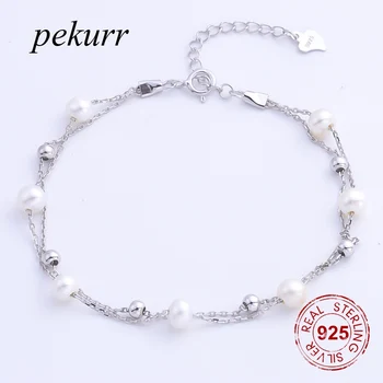 

Pekurr Double Chain 925 Sterling Silver 5.2mm Round Natural Freshwater Pearl Bracelet For Women 7 Beads Jewelry Bangles