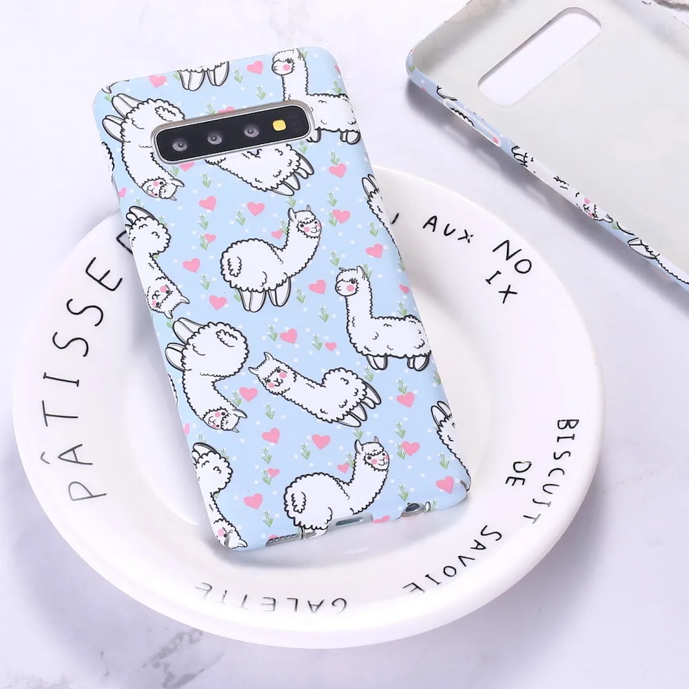 

For Samsung S8 S9 S10 S10e Plus Note 8 A50 A70 Cute Lama Alpaca Animals Cartoon Emboss Hard PC Phone Case Cover Coque