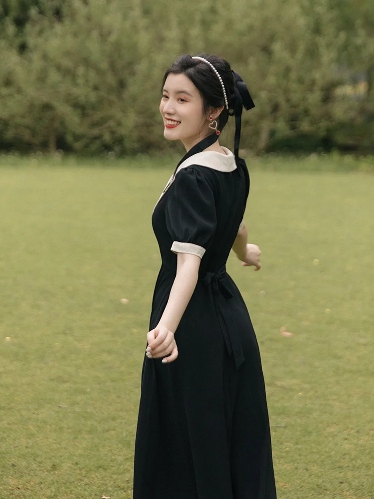Retro Lapels Black Dress Price Control + | Женская одежда