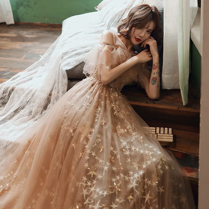 

Fashion sweet New Ruffle Mesh Lace Dress Soft Tulle Floor-Length Sexy Party Evening Dress Shiny Star Elegant Formal Gown Robe