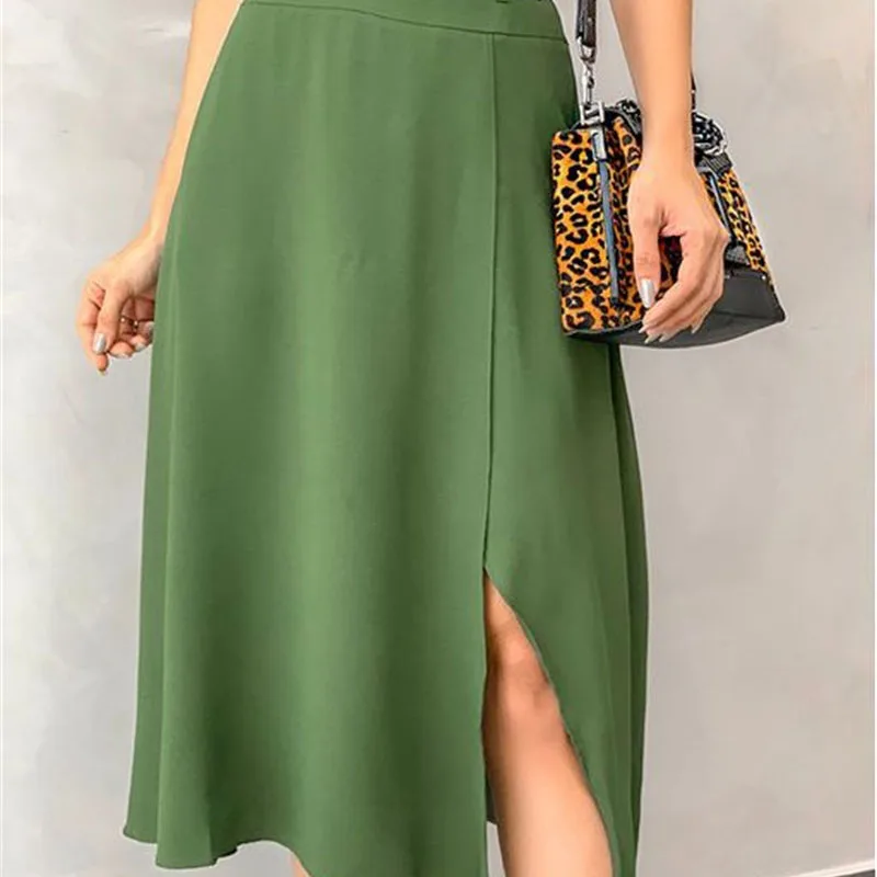 

Elegant Green Cotton Ruffle Woman Skirts Casual Summer Party High Waist Female Skirt Irregularity Split Skirts 2020 New Plus