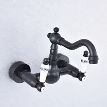 Kitchen Wet Bar Bathroom Vessel Sink Faucet Black Oil Rubbed Brass Wall Mounted Swivel Spout Mixer Tap Dual Ceramic Lever msf701