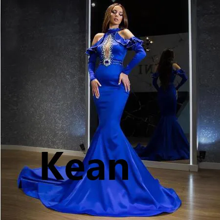 

Royal Blue Deep V Evening Dresses Full Sleeves Beaded robe de soiree Evening Gowns Prom Dress Vestidos De Festa