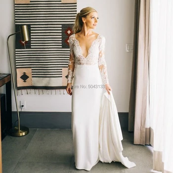 

Double V Neck Mermaid Wedding Dresses 2020 Appliques Satin Lace Long Sleeves Wedding Bridal Gowns Backless with Detachable Train